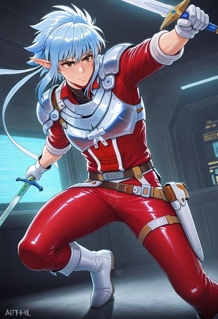 masterpiece, best quality, amazing quality, ARTHIL, 1boy, male focus, brown eyes, with elf ears, blue hair, long white headband, silver shoulder armor, shiny armor, white breastplate, red shirt, sleeves rolled up, red jeans, holster belt, white gloves, white boots, action pose, sword, sci-fi background, solo, indoors