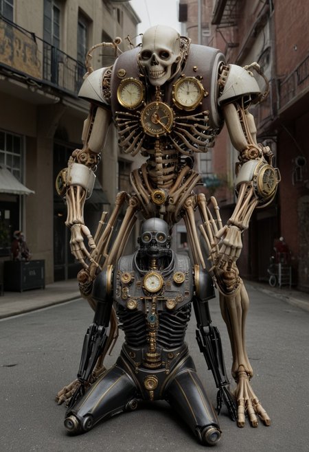 a skeleton clock sitting in the middle of a street, 3d rendered steampunk, muscular eldritch clockwork, cyberpunk skeleton, clockpunk, robot skeleton, steampunk automaton, high quality steampunk art, clockwork steampunk, skelleton, clockwork mechanical, titanium skeleton, tall skeletal figure, clockwork automaton, clockwork horror, mechanical clock, inter dimensional clockwork, 4 k human detailed!!!