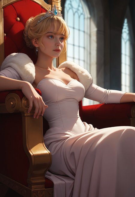 1girl, sitting, throne, inside a castle, elegant dress, blonde, short hair, bangs, princess, tiara, cinematic shot, portrait,


score_9, Score_8_up, 