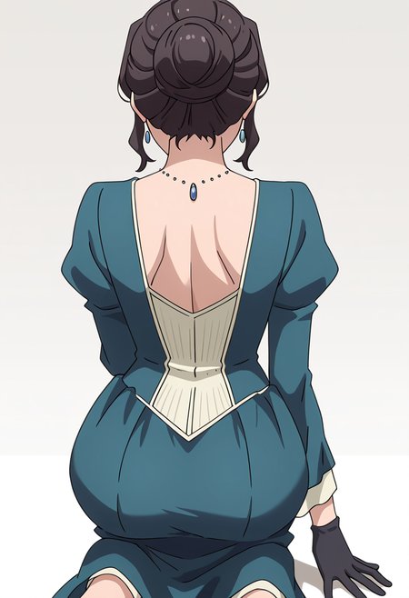 Smooth Quality,masterpiece,very intricate, high quality details, ultra realistic, high detailed skin,detailed enviorement,absurdres,
simple background, white background,
kneeling, one hand on ground, reaching forward, focused, tense,  ,from behind,
 <lora:Blumund_Queen_cnn:0.7>blumundqueencnn,1girl, black hair, hair bun,mature female, 
long sleeves, blue dress, black gloves,jewelry, necklace,