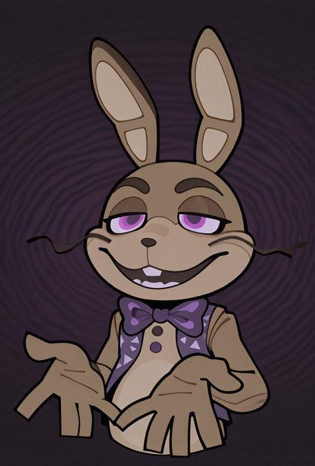<lora:glitchtrap-02:1> glitchtrap, smile, purple bowtie, purple vest, , furry, 1boy, rabbit ears,   <lora:ZZZStrollSticker_ILXL:1> chibi, meme, parody, masterpiece, best quality, amazing quality, very aesthetic, absurdres, newest,