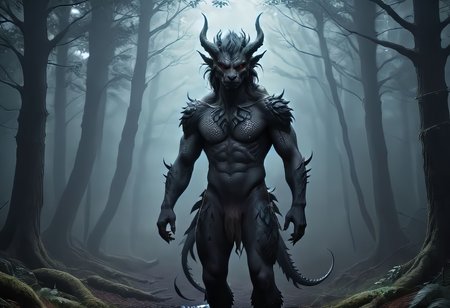 ASCIIanime artwork human dragon hybrid, human head, dragon scale skin, dragon eyes, male focus, full body, standing, grimdark, creepy tale:1.15, dark forest background, with rolling mist rim lighting, style of Anato Finnstark, by alena aenami, <lora:RM_Niji_v1.0_bf16:0.8> . anime style, key visual, vibrant, studio anime,  highly detailed