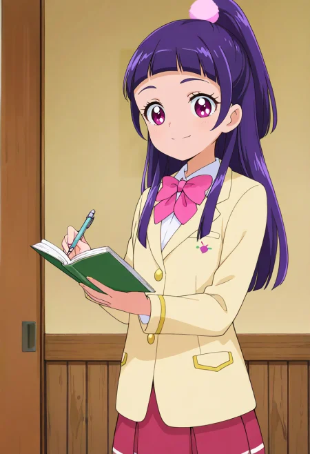 masterpiece, best quality, absurdres, very aesthetic, general,
izayoi liko, jhschl uniform, 1girl, solo, school uniform, long hair, purple hair, book, purple eyes, looking at viewer, pink neckwear, half updo, pink bow, smile, pink skirt, cowboy shot, red skirt, standing, eyelashes, pleated skirt, holding book, closed mouth, pen, blunt bangs, blazer, notebook, open book, long sleeves, pink eyes, miniskirt, yellow jacket, white shirt, light smile, purple skirt, collared shirt, shiny hair, ribbon, indoors, ponytail, pom pom hair ornament, wing collar, pencil, straight hair, sidelocks, pink bowtie, hair ornament, holding pen, hair bobbles, split mouth, writing, brown background, buttons, anime coloring, red bow, pocket, wooden wall, 
<lora:cure_magical_izayoi_liko_illustXL_locon_v1:0.7>
