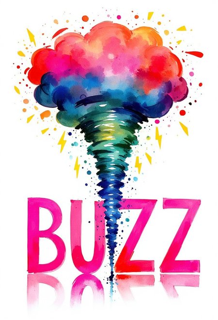 Watercolor painting of a neon paintsplash rainbow colores tornado filled with yellow lightning bolt symbols. Fuzzy pink letters spelling "BUZZ"