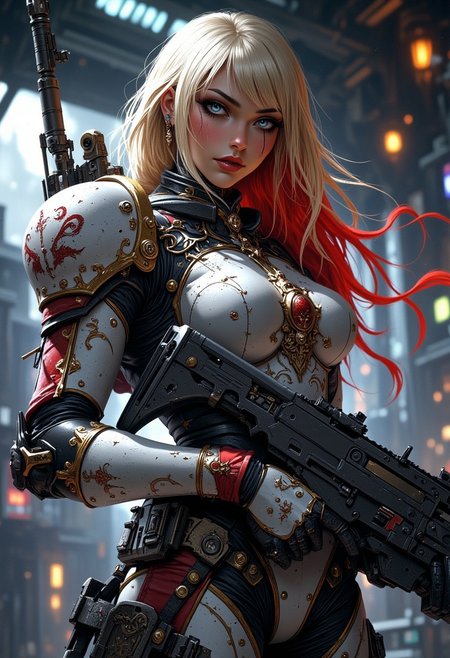 ArsMJStyle, dnddarkestfantasy, mythp0rt, highly detailed photorealistic image, perfect composition, perfect lighting, intricate detail, female oriental space marine, two-tone hair, blonde with red highlights, bangs, white and red body armor, holding assault rifle, spaceship bridge, RAW photo, HD32K, absurdres, cowboy shot