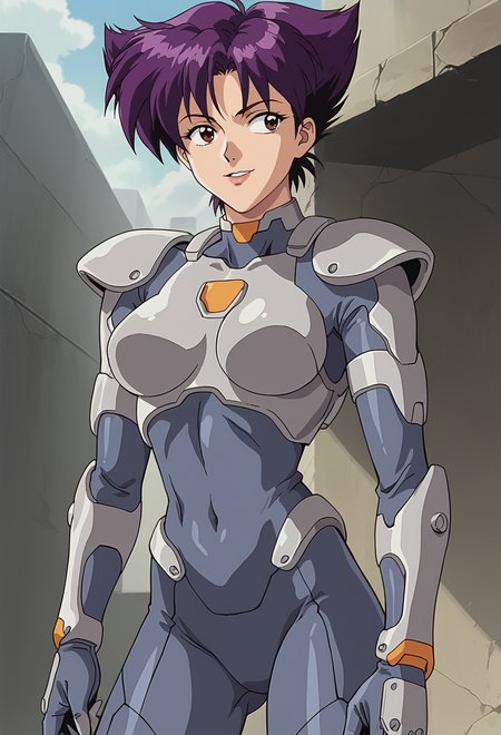 score_9, score_8_up, score_7_up, anime screencap, 2D, anime official art, animation, retro, BREAK,  <lora:KonokoPony:1>, konoko, 1girl, grey body armor, dark blue bodysuit, breastplate, covered navel,  grey bodysuit, purple hair, short hair, shoulder armor, shoulder pads, solo, standing, science fiction, tactical clothes, outdoor, alien, weapons, matrix, ghost in the shell, portrait, face focus, happy smile, posing, zoom in, close shot