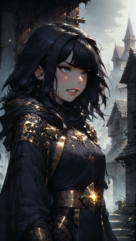 score_9, score_8_up, score_7_up, rating_safe, fantasy, 
1girl, solo, small breasts, black hair, black cloak, turtleneck, standing in ally, black jeans, 1lantern, moonlight, tears, bangs, (looking up:1.2), stone buildings, view from front,  looming buildings, skyscrapers, city alley,  
haze, fog, grey tones, yellow fog, shadows, boke, wet gravel path, 
dark, nighttime,
monstrous background, disgusted face, open mouth, clenched teeth, hooded, evil grin, gold thread, glowing rune cloth, 
<lora:Expressive_H:1> <lora:princess_xl_v2:1> <lora:Fant5yP0ny:1> <lora:Vixons Pomy Styles Gothic Neon:.45> <lora:HKStyle_V3:1> <lora:disgusted_face_xl_goofy:1> <lora:Flash_Glowing_Runes_SDXL:1>