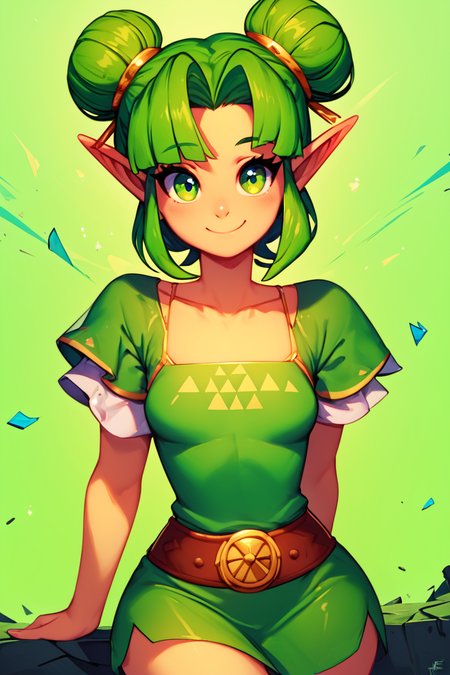 score_9, score_8_up, score_8, medium breasts, (curvy), cute, eyelashes,       BREAK, , zzFarore, green eyes, green hair, double bun, pointy ears,  bangs, green dress, collarbone, short sleeves  <lora:Farore_Zelda_PDXL:0.6>, , BREAK, wide hips, smile, looking at viewer, cowboy shot, embedding:zPDXL, Expressiveh, <lora:SweetCAT_PDXL:1.0>,  <lora:SDXLFaeTastic2400:0.5>,  <lora:Expressive_H-000001:0.4>,