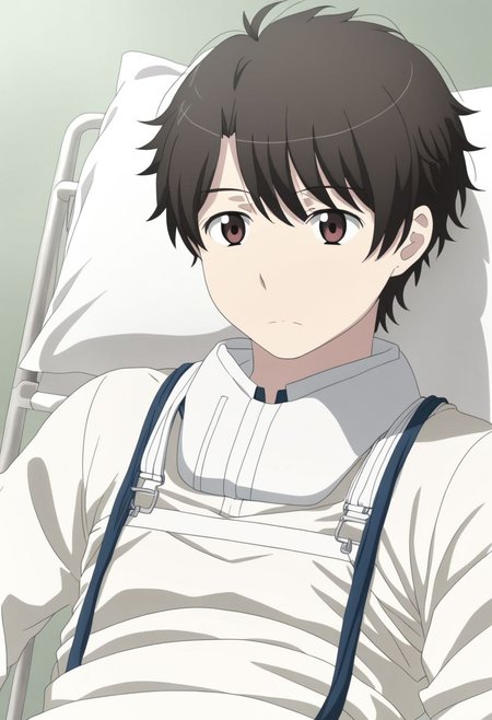 high resolution, solo, best quality, 1Boy, Inaho Kaizuka, Black Hair, Brown Eyes, sick, bandage, helpless, patient, hospital, infusion, OverallDetail