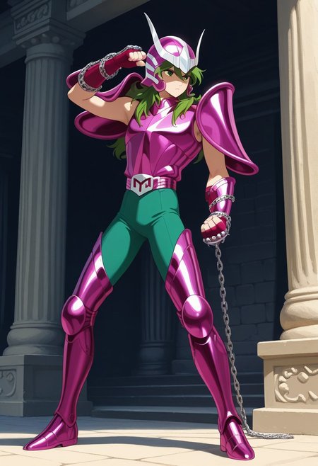 masterpiece, best quality, amazing quality, very aesthetic, absurdres, newest, ANDRSHUNV1, 1boy, slender figure, magenta pauldrons, curved pauldrons, magenta helmet with two prongs and silver accents, long wavy green hair, green eyes, (shiny:1.5), magenta sleeveless armor, magenta vambraces, fingerless magenta gloves, magenta thighhigh greaves, green pants, magenta belt, magenta boots, chains, standing pose, serious, arm up, greek temple backdrop