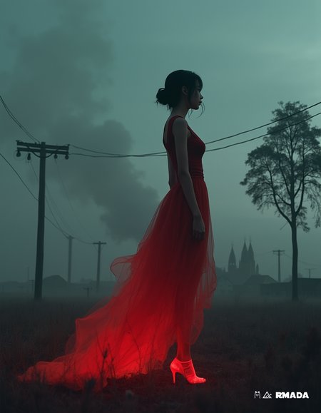 The photograph has been captured with a Leica m10 camera. In the distance, a lone tree stands tall against a backdrop of grey sky. Smoke rises from a nearby town, hinting at the chaos that surrounds the woman. She gazes intently into the distance, her expression serious and contemplative. The dress she wears is a red so vivid it almost blazes in the low light. It's as if the colors themselves are alive with an otherworldly energy. A faint glow emanates from her high heels, adding to the ethereal atmosphere of the scene.  The camera angle is low, capturing the woman's full figure and emphasizing her posture. The lighting is soft and moody, casting shadows that add depth and dimension to the image. The atmospheric conditions are misty, with a hint of fog obscuring some of the details in the foreground.  This artistic rendering combines elements of anime, pixel art, and photo manipulation to create a visually stunning piece that captures the mood and essence of the scene. The woman's posture and expression convey a sense of introspection and contemplation, while the use of color and lighting suggest an otherworldly atmosphere.
