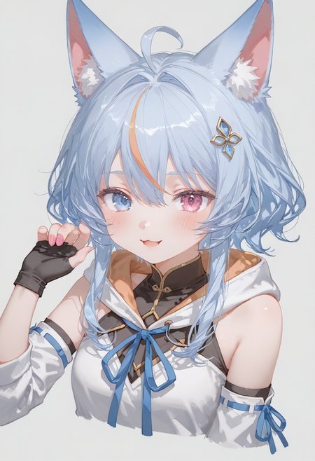 1girl,sayu okami,sayu sincronisity,indie virtual youtuber,:3,blue eyes,blue hair,closed mouth,hair ornament,light blue hair,long hair,looking at viewer,sketch,sleeveless,solo,upper body,virtual youtuber,white background,short hair with long locks,smile,fox ear,cropped torso,detached sleeves,bare shoulders,gloves,sleeveless hoodie,hand up,hood,hair between eyes,hoodie,blush,blue ribbon,simple background,blonde hair,orange hair,holding,pink nails,animal ears,open mouth,animal ear fluff,ahoge,fingerless gloves,streaked hair,:d,pink eyes,black gloves,turtleneck,ribbon,white hoodie,sidelocks,hood down,multicolored hair <lora:CunnyFunkyXL_NB11_lokr_V6311P:0.95>