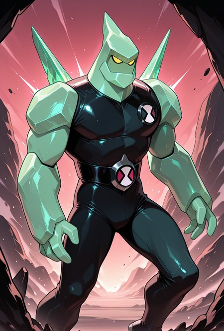 <lora:diamondhead-06:1> diamondhead, robot, yellow eyes, solo, 1boy, no humans, pokemon (creature), armor, spikes, yellow sclera, green skin, bodysuit,  cartoon,, masterpiece, best quality, amazing quality, very aesthetic, absurdres, newest,
