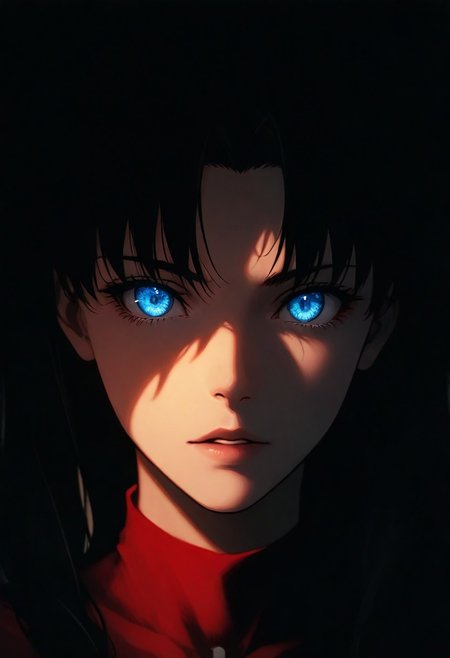 1girl, tohsaka rin, solo, dark, light, the light illuminates part of the face, masterpiece, best quality, very aesthetic, close up,  parted lips