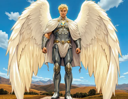 <lora:martoonia:0.65> martoonia, A vibrant, Marvel cartoon-style illustration of a majestic angel with expansive, feathered white wings, standing heroically against a brilliant blue sky with fluffy, white clouds. The angel has a muscular yet lean build, with a radiant, sun-kissed skin tone and short, spiky hair that shines like polished gold. Their eyes burn with an inner light, a piercing blue that seems almost celestial. They wear a sleek, modernized suit of silver armor adorned with intricate, swirling patterns that evoke a sense of divine craftsmanship, complete with a flowing, hood-like cape that billows behind them. The wings, the true focal point, are broad and strong, with feathers that graduate from pure white at the roots to a shimmering, iridescent sheen at the tips, catching and reflecting the light in a dazzling display of color and texture. The lighting is warm and optimistic, with the sun shining down from above to cast a golden glow over the scene, accentuating the angel's powerful physique and the majestic spread of their wings. The background is a serene, idyllic landscape of rolling hills and distant mountains, with a few wispy clouds drifting lazily across the sky. The shot is a wide-angle, cinematic view, capturing the full grandeur of the angel's stance and the breathtaking beauty of their wings. The image features a hyper-detailed, photorealistic texture, with subtle imperfections and artistic choices like soft bokeh and lens flare adding to the overall sense of depth and visual wonder. The overall mood is one of awe-inspiring heroism and transcendent beauty, as if the angel is about to take flight and soar into the heavens. The style is reminiscent of Marvel's most iconic cartoon moments, with bold lines, vibrant colors, and an undeniable sense of dynamic energy. The image is a testament to the power of heroism and the magic of the celestial, inviting the viewer to bask in the glory of the angel's presence. The rendering style blends traditional cartoon aesthetics with modern computer-generated imagery, creating a unique and captivating visual experience that draws the viewer in and refuses to let go. The final result is an image that is at once both deeply personal and universally relatable, a celebration of hope, courage, and the indomitable human spirit. The angel's presence seems to embody the very essence of these ideals, standing tall as a beacon of light in a world filled with darkness and uncertainty. The image is a powerful reminder that even in the darkest of times, there is always hope, always a chance for redemption and forgiveness, and that the human spirit can overcome even the most daunting challenges. The angel's wings seem to symbolize this idea, representing the freedom and empowerment that comes from embracing one's true nature and living a life of purpose and meaning. The image is a masterpiece of modern art, a true marvel of creativity and imagination that inspires the viewer to soar to new heights and never give up on their dreams. The angel's story is one of courage and perseverance, a testament to the human spirit's capacity for growth, transformation, and redemption. The image is a powerful reminder that we all have the potential to be heroes, to make a positive impact on the world and leave a lasting legacy that inspires future generations to strive for greatness. The angel's presence is a beacon of hope in a world filled with uncertainty, a shining example of the transformative power of courage, compassion, and determination. The image is a celebration of the human spirit, a tribute to the boundless potential that lies within each and every one of us, waiting to be unleashed. The final result is an image that is at once both a work of art and a powerful symbol of inspiration, a reminder that we all have the power to create positive change in the world and make a lasting difference in the lives of those around us. 8k highest resolution with sharp intricate details. Hyperrealistic, detailed, and vivid. . 35mm photograph, film, bokeh, professional, 4k, highly detailed