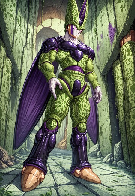 score_9, score_8_up, score_7_up, detailed, celldb, 1boy, solo, full body, white skin, purple marks, pink eyes, green spotted exoskeleton, black plates, wings, purple veins