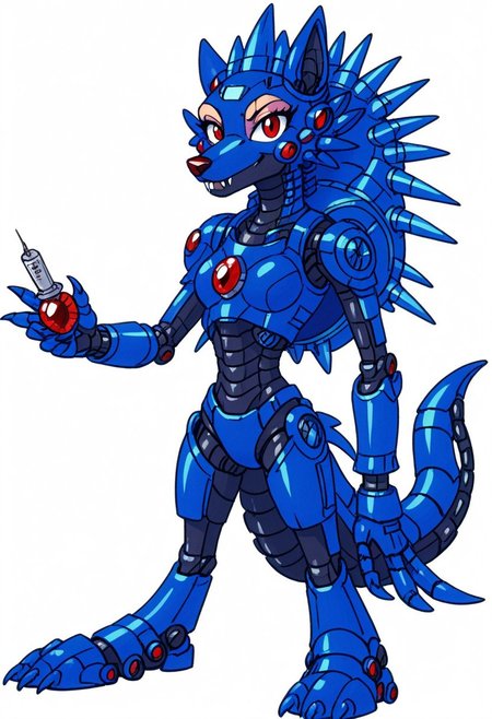 source_furry, hari harry, friender, wolf, hedgewolf, megaman, megaman3, needle wolf, spikey shell, red eyes and gem (on body), claws, robotic, friender, hedgewolf, spike, spike head, spikey shell, boss, robot, solo, (female:2), full body, looking at viewer, simple background, anthro, Artifyber_style, kind, calm, cute pose