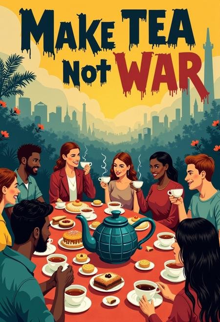avant-garde poster with florid friendly flowing text reads "Make tea not war", ethnic_races of people, around table drinking tea, 
teapot shaped as grenade, at exuberant picnic feast, surrounding tea party picnic blanket full of tea and cakes, steaming cup of tea in teacup, 
juxtaposed unified happy gathering in world of desolate devastation blitzkrieg rubble