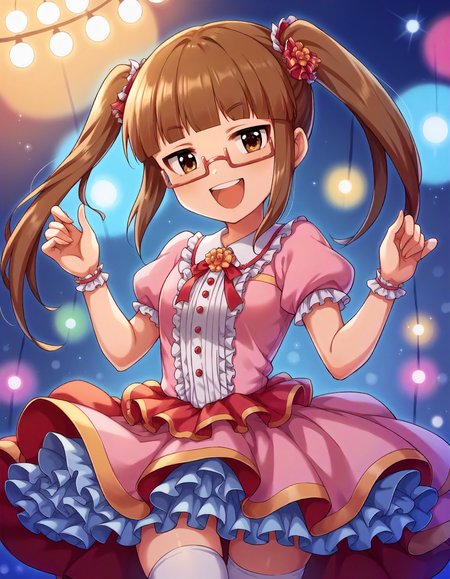 score_9,score_8_up,score_7_up,1girl,solo,cowboy shot,looking at viewer,smile,open mouth,stage lights,
<lora:ikebukuroakiha_ponyXLV6:0.8>,cgia,
brown hair,long twintails,blunt bangs,brown eyes,red-framed eyewear,under-rim eyewear,
pink dress,short sleeves,frilled skirt,white thighhighs