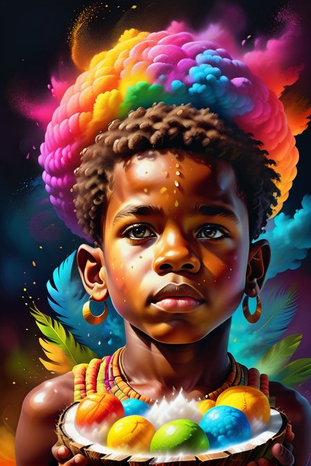 Psychedelic style A prize-winning photograph capturing the essence of a young African boy, holding a coconut shell as he collects rainwater drops. The boy's direct gaze and close-up perspective reveal his determination and resourcefulness in harnessing nature's gift. (Resilient Spirit:1.3), (Rainwater Collection:1.2), (Candid Encounter:1.4), (Close-Up Connection:1.2), photography inspired by Steve McCurry and Jimmy Nelson., (masterpiece, best quality:1.5), (masterpiece,best quality:1.5),  Charmed,  Richard Pousette-Dart, golden hour,  glowing, style of chalkdust,  <lora:ChalkDustStyleSDXL:1.2>, (masterpiece,best quality:1.5) . Vibrant colors, swirling patterns, abstract forms, surreal, trippy