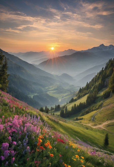the hills of the Swiss Alps amidst a field of colorful beautiful flowers, Romantic setting, hyper modern, unique alps Style, a person sits peaceful in meditation facing the view, next to her is a closed leather bound book a beautiful unique crystal and a wicker basket with wild flowers bunched in it, all ornately placed on the ground, a magical Glow to it, the hills of the Swiss Alps amidst a field of colorful beautiful flowers, Romantic setting, hyper modern, beautiful classy classical timeless, unique hat of the opstyle of the alps, beautiful picturesque quaint legendary landscape, magical mist rolls in over the ground, NC, a feeling of Magic and wonder, magical lighting effects, slow shutter effect, , cinematic lighting, soft colorful lighting, star streaks, light trails, normal hand's, five finger's, masterpiece, best quality, highly detailed, sharp focus, dynamic lighting, vivid colors, texture detail, particle effects, storytelling elements, narrative flair, 8k, UE5, subject-background isolation, Evening