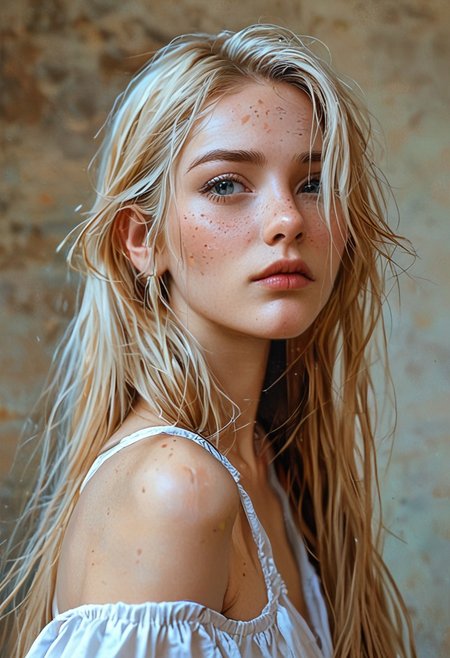 (score_9, score_8_up, score_7_up) 1girl, solo, realistic lighting, photo, photorealistic, Beautiful Russian 
 girl, very long hair , blonde hair, freckles, side long thin braid, native pale skin,