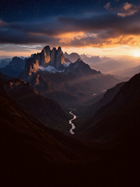 You are an assistant designed to generate superior images with the superior degree of image-text alignment based on textual prompts or user prompts. <Prompt Start> This expansive aerial view captures a majestic mountain range under the surreal atmosphere of dawn through a high-resolution DSLR lens. The sky, alive with stars and clouds, adds to the mystical ambiance as light gradients paint rugged craggy peaks in vibrant hues. Intricate textures and delicate alpine flora dot the landscape, while dynamic shadows dance across the scene. A wide-angle lens captures the vastness of the terrain, ensuring hyper-detailed clarity that vividly portrays every element—from rich cobalt blues of the sky to earthy terracotta accents of the terrain. The natural spatial composition guides the viewer's eye through layered mountain valleys, where crisp reflective streams shimmer in soft pastel dawn light. Ambient luminescence enhances the scene’s mesmerizing qualities, highlighting exquisite details that evoke the essence of a natural painting. Atmospheric perspective adds depth and intrigue, making this 8k photographic masterpiece a captivating exploration of nature’s splendor.