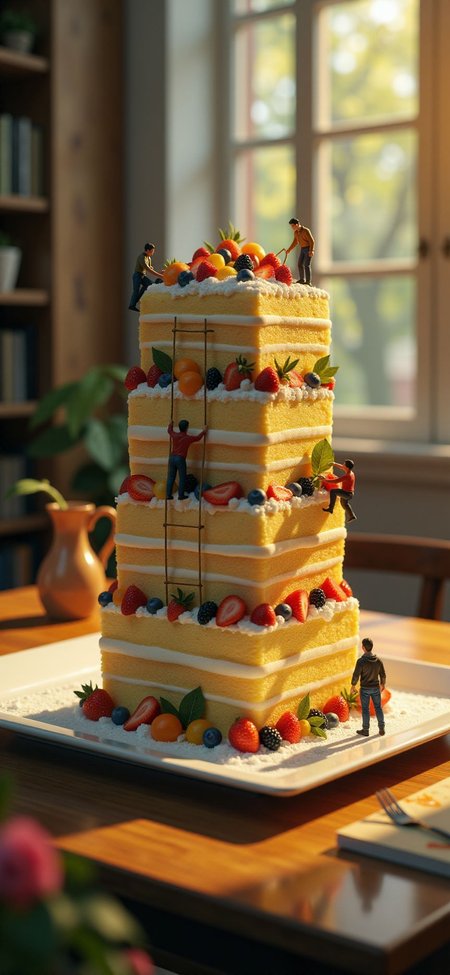 (indoors,indoor,isometric view,side view,tilt-shift lens:2), (fna_style,miniature,miniature,diorama,miniature,diorama,PVC,plastic:2),sunset,winter giant (randomly multi stack up,multi layer of cream with fruits cake cubic vertical:2.5)  is located center, people are climbing with ropes, (in wooden square plate:3) (on table at study:3) <lora:Fantasy_Novel_Art_Style:1> <lora:Rostpunk:0.3>