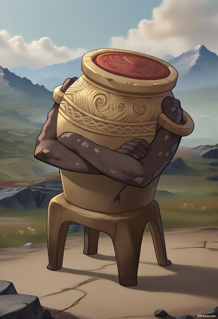 score_9, score_8_up, score_7_up, source_anime, plastic chair, sitting, full-length portrait, <lora:PlasticChair_XLPD-000006:1>, leaning, RythIFAlexanderPony, Alexander \(Elden Ring\), pot guy, outdoors, cloud, mountain, rock, crossed arms