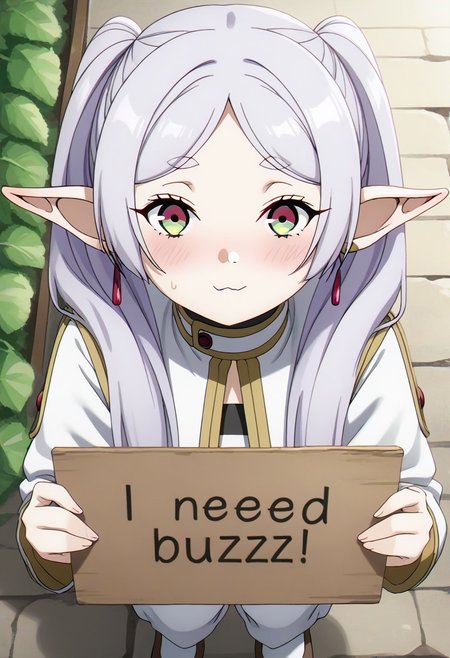 (need_buzz, holding sign), need_buzz, holding sign with another hand : 1.3))), fake smile, nervous sweat, wavy mouth, squatting, looking at viewer, very awa, artist:asanagi, from above, cjdl, cabbage., Frieren (From Frieren: Beyond Journey's End), sfrieren
 looking_to_the_side, multiple_girls, open_clothes, open_jacket, red_eyes, single_hair_intake, tail, tail_through_clothes, upper_body, standing,
