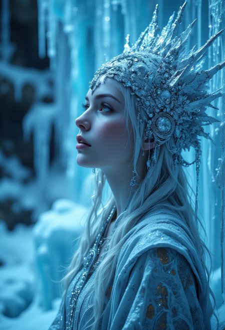 illustration, Beauty, Comic book style, grunge style, nightmare, mythp0rt, aidmaMJ6.1, play of shadow and light, 
A close-up cinematic shot of a female character dressed in an elaborate ice-themed costume against a frozen backdrop. The scene is bathed in cool tones of blue and white, creating an icy atmosphere. She wears a round headdress encrusted with glittering embellishments. Her expression is serene and contemplative, with her eyes slightly closed and her head tilted back as if looking upward. The background features large vertical ice formations, including icicles and icicle-like structures, which enhance the frozen environment. Soft, diffused lighting creates a gentle glow, highlighting the textures and details of the ice and costume.