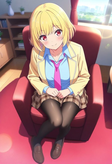 
masterpiece, best quality,amazing quality,(1girl), solo,(depth of field),(solo focus),8K,HDR,(ultra high res),(highres),(full body),(lens flare),smile,blush,(karin istel),(blonde hair),(short hair),(red eyes),(collarbone),skindentation,(school uniform),(yellow jacket),(open jacket),(blazer),(pink necktie),(collared shirt),(blue shirt),(long sleeves),(brown skirt),(pleated skirt),(plaid skirt).(black pantyhose),(brown footwear),(loafers),(sitting on chair),(indoors),(looking at viewer),(room),(curtain),(table),(couch),(carpet),(shelf),(vase),(window),

