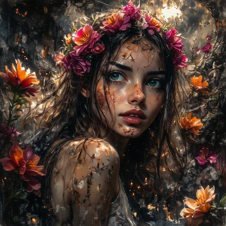 shamanqua beautiful girl in the garden among the flowers, very detailed, expressive, cinematic, darkness<lora:shamanqua:1>