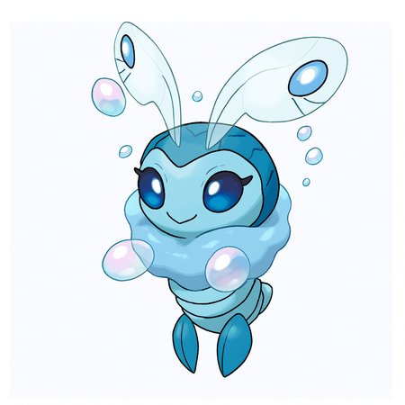 fakemon, pokemon (creature), no humans, full body, 
water type, bug type, starter, 
caterpillar, insect, antennae, short tail, cute, blue body, white body, bubbles, blue eyes, six legs, body segments, smile, cute, 
flat colors, white background