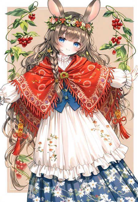 original,1girl,animal ears,apron,berry,blue eyes,blue vest,border,braid,brown background,brown hair,closed mouth,dress,eyelashes,feet out of frame,floral print,frilled sleeves,frills,head wreath,lace-trimmed veil,lace apron,lace trim,leaf,long dress,long hair,long sleeves,looking at viewer,multiple braids,outstretched arms,poncho,puffy long sleeves,puffy sleeves,rabbit ears,rabbit girl,red poncho,smile,solo,stretching,tassel,vest,white apron,white border,white dress,white sleeves <lora:caoXL_NBVP1_lokr_V6311PZ:0.95>
