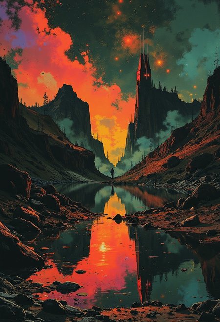 abstract oil painting, gradient vibrant neon colour, rough, textural, broad brush strokes, a futuristic sci-fi city with tall, perfectly reflected in a tranquil, still lake, at night, surreal colours, detailed night sky with stars and nebulas