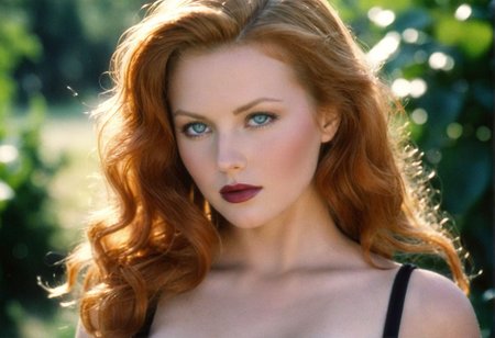 (((analog photo))) CinematicPortrait woman ginger (provocative slavic) cleavage masterpiece outdoors, blue eyes, hair glow, (glossy dark lipstick), (), ((soft focus, depth of field)), (((looking at viewer, film grain))) <lora:CinematicPortraitXL_v3:0.4>  <lora:EuroBabe-v4-XL:0.4>