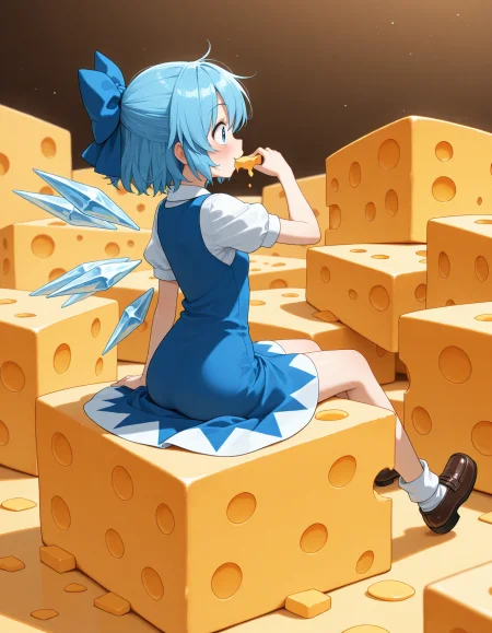 masterpiece, best quality, amazing quality,  1girl, solo, cirno, sitting on cheese, cheese, too many cheese, eating cheese, cheese background,