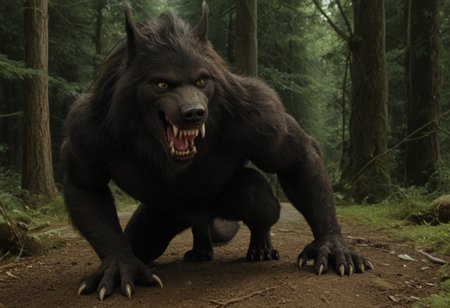score 9, score 8, score 7, score 6, 1boy, furry male, solo, black fur, animal ears, yellow eyes, sharp teeth, claws, werewolf on down on all paws with tail in the air, (wagging tail, trying to look friendly), forest