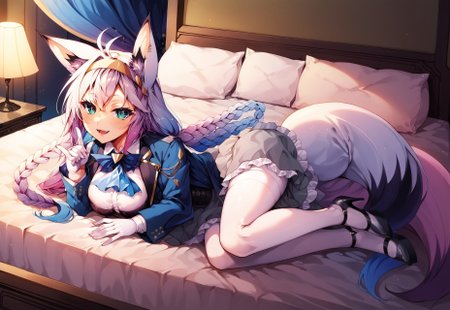 safe_pos, safe_pos, safe_pos, safe_pos, safe_pos, safe_pos, score_9, score_8_up, score_7_up, score_6_up, masterpiece, source_anime, high quality, perfect face, detailed eyes, perfecteyes, perfect balance, detailed face, perfect lighting, detailed background, uncensored, newest, absurdres, highres, very aesthetic, indoor, bedroom, bed, big bed, luxury bed, windows, night, 
uncensored, 
fubuki, white hair, single side braid, ahoge, piercing, fox tail,
fubuki_elegant, braided ponytail, blue coat, blue ascot, corset, collared shirt, grey skirt, frilled skirt, white pantyhose, white gloves, hairband, white hair, piercing, fox tail,
 1girl, solo, open mouth, smile, large breasts, pleasured, full body, long legs, larger female, tall female, looking at viewer, long calves, long legs, thin thighs, tall_girl,long_legs, high heels, lying on bed, half closed eyes, naughty face, multicolored hair, from above, fangs