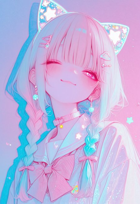 embedding:lazypos,newest, highres, very awa,,1girl, twin braids, hair ribbon, pink gradient hair, sparkling eyes, round cheeks, :3 face, school uniform collar, star hairpin, subtle blush, warm lighting, soft shadows, gradient background, cute wink, front view, pastel color scheme, loose strands, heart-shaped pupils, pearl earrings, bowtie choker, fluffy bangs, slight head tilt, candy color palette, glowing skin, dewdrop effect, rainbow highlights, cat ear hairband, floating petals, translucent skin, gradient lips,traditional media,aosiai123_illu,7481llu <lora:illustriousXLv11_stabilizer_v1.113:0.30000000000000004> <lora:ppw_v7_Illuv1.0:0.5000000000000001> <lora:æ¥å¼å¤å¤aosiai123_style:0.6000000000000001> <lora:HonnryouHanaru-Style:0.4000000000000001> <lora:æålpc_v10:0.20000000000000004> <lora:748cm_illu:0.6000000000000001> <lora:DetailedEyes_V3:1.0> <lora:None:1.0>