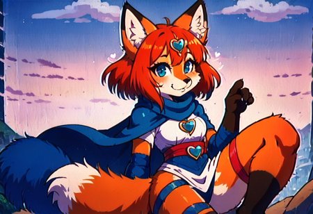 sfxm, anthro, female furry, fox, fox tail, fox ears, body fur, fluffy, paws, scarf, heart-shaped pendant, leg wrap, bandages, looking at viewer, cute style, dic style, super show, smbss style, vintage, cartoon