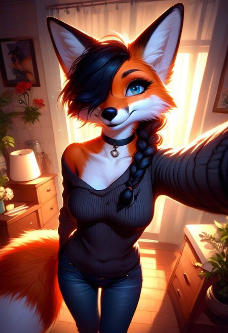 score_9, score_8_up, score_7_up, braided black hair, anthro fox female,foxfolk,perfecteyes,blue eyes, one eye covered by hair, open chest, medium breasts, down blouse,black choker, black knittet sweater,over sized sweater, tights, jeans,from above, selfie, looking at viewer,dutch angle, perfect quality, high quality,  at night ,cosy athmosphere, expressiveH