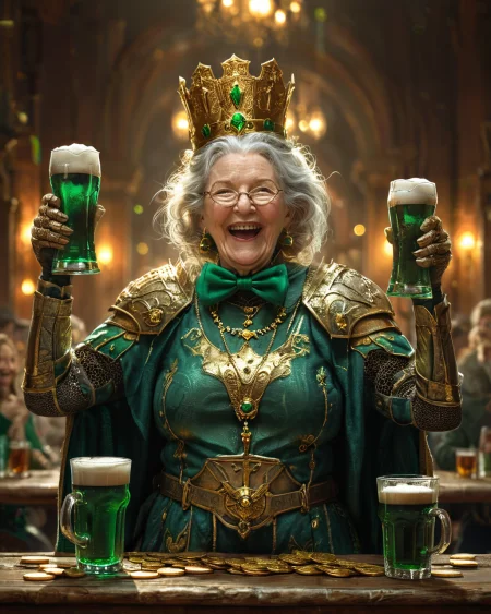 cheerful (ancient old grandma:1.2) at the retro bar, wielding two massive beer glasses,arms up, (maniac laughing:1.1) hysterically rofl lol,<lora:XLAddDetail:1>. Saint Patrick's Day theme, green top hat, ginger beard, lots of gold coins on the table.    armored grandma knight <lora:XL_Weapon_Dual_Swords_-_By_HailoKnight:1>
