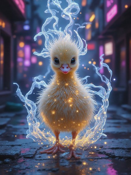 In the heart of Metropolis' futuristic cityscape, a small, adorable duckling emerges from a swirling vortex of morphing, glowing neon lights. The air is filled with an otherworldly energy as the duckling's feathers begin to shimmer and glow with an ethereal softness.  As the duckling takes its first wobbly steps onto the city streets, holographic projections dance around it, casting a mesmerizing display of light and color across the pavement. The once-dark alleys are now bathed in a warm, soft glow, as if the very fabric of reality has been infused, <lora:Flux_Turbo_Alpha.safetensors:1.0> <lora:epic-midj.safetensors:0.7> ethereal fantasy, soft, glowing light effects <lora:aidmaFLUXpro1.1-FLUX-V0.2.safetensors:0.7> aidmafluxpro1.1