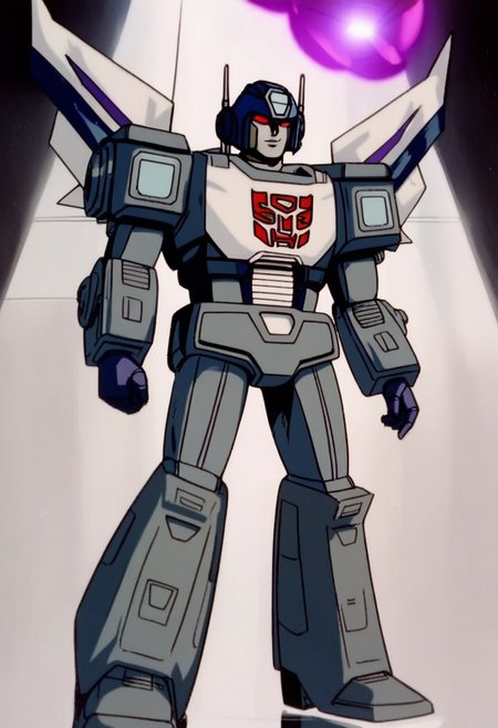 score_9, score_8_up, score_7_up, animation, transformers, 1boy, robot, Decepticon, Tall, bulky, Seeker, Starscream glowing eyes, red eyes, large eyes, circular eyes, Black armor, Forard swept wings, transforms into futuristic Stelth Mig Fighter Jet, full body, cowboy shot, smiling, holding null ray blasters, Decepticon Symbol  <lora:StarScream1.2:1>