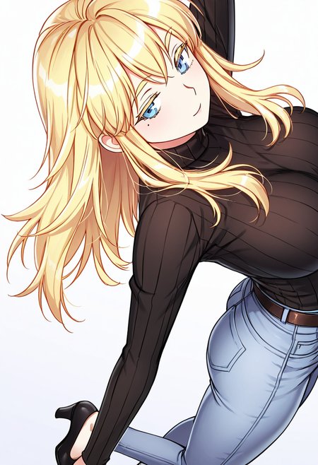 Smooth Quality,masterpiece,very intricate, high quality details, ultra realistic, high detailed skin,detailed enviorement,absurdres,
simple background, white background, dancing,skindentation, solo,from above,inward v,
 <lora:Laura_Zeppelin_CNR:0.8> laura_cnr, 1girl, blonde hair, long hair, blue eyes, mole under eye, large breasts,laura_def_cnr, black sweater, ribbed sweater,  turtleneck, jeans, denim, belt, high heels,, expressionless,, ;),