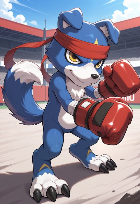 masterpiece,best quality,amazing quality, 1boy, solo, g40m0n, digimon (creature), red headband, red boxing gloves, bandaged arm,  full body,  fighting stance, outdoors,