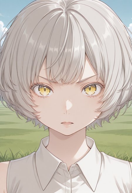 momoshiro_chiyoko, yellow eyes, grey hair, short hair, collared shirt, sleeveless, <lora:momoshiro_chiyoko_illustrious_ver2:0.8> 
serious,, masterpiece, best quality, sensitive,, 1girl, solo, blue sky, (grasslands:1.2), looking at viewer,, (upper body:1.2), (close-up:1.2), (facing viewer:1.2), (open eyes:1.4), (portrait:1.2)