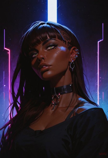 score_9, score_8_up, score_8_up, 1 Indian girl, dark-skinned girl, cyberpunk, brown hair, ((long hair)), ((bangs)), straight hair, piercings, choker, portrait, ((streetwear)), average tits, teardrop shaped tits, fit body, thin waists, beautiful, night neon lighting, negative_hand, g0thicPXL, GTA